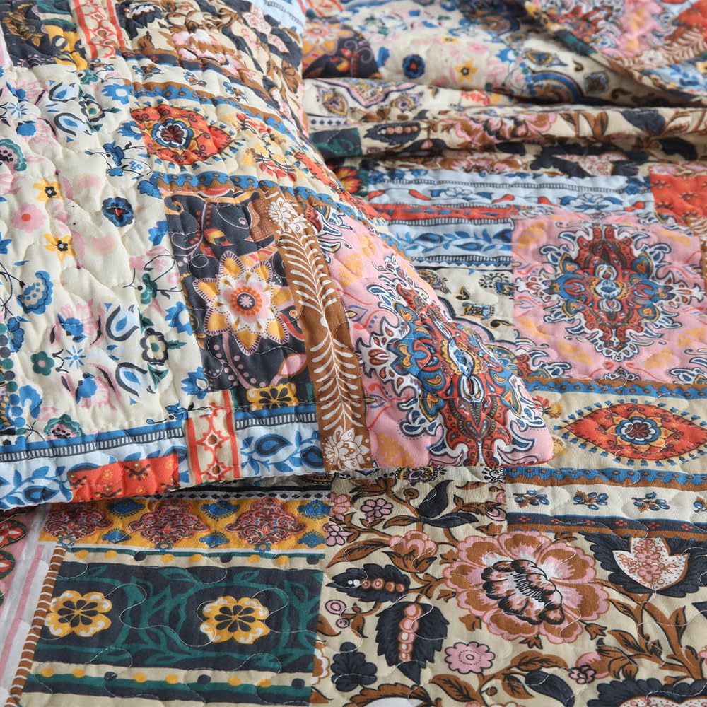 Cotton Bedspread Bohemain Quilt Sets, Reversible Coverlet Lightweight Comforters with 2 Shams, Vintage Farmhouse