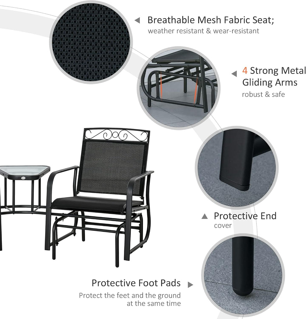 Outdoor Glider Chairs with Coffee Table Patio 2-Seat Black | Rocking Chair Swing, Breathable Sling, Backyard, Garden