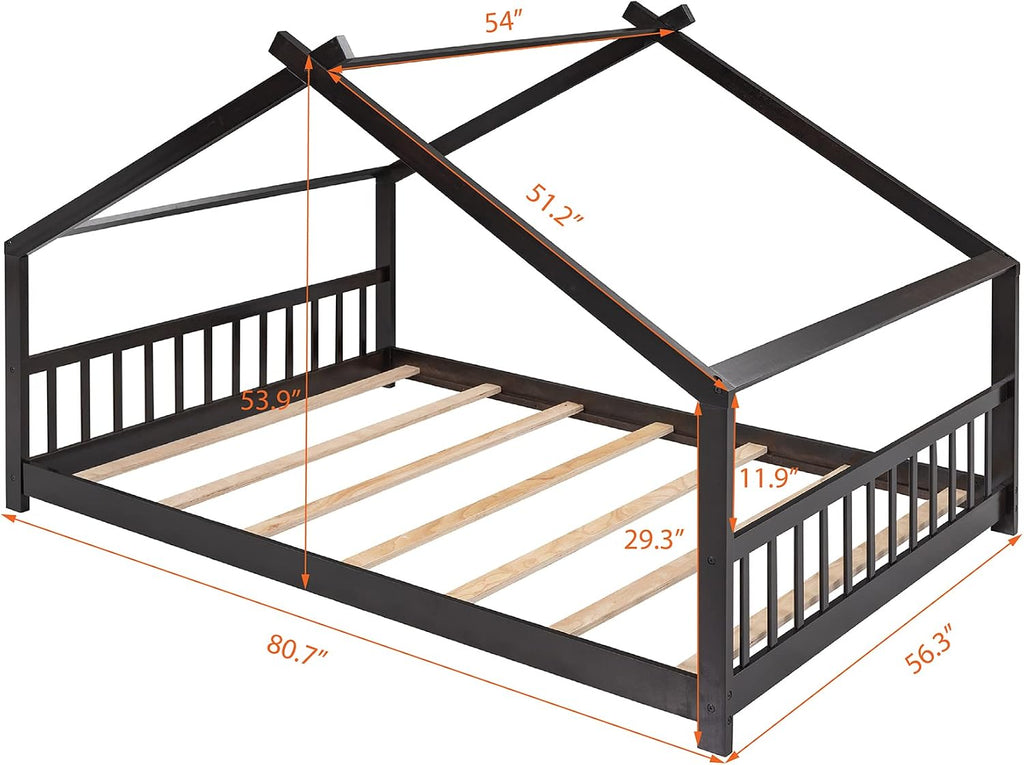 House Beds Montessori Bed Wood Frame Kids Platform Bed with Headboard & Footboard for Children Boys Girls Teens