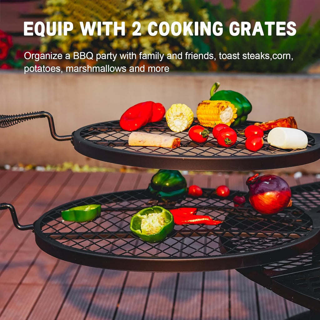 42 Inch BBQ Fire Pit with 2 Grills,3-in-1 Outdoor Round Metal Fire Pit Table with Lid,Fire Poker,Large Outdoor Wood