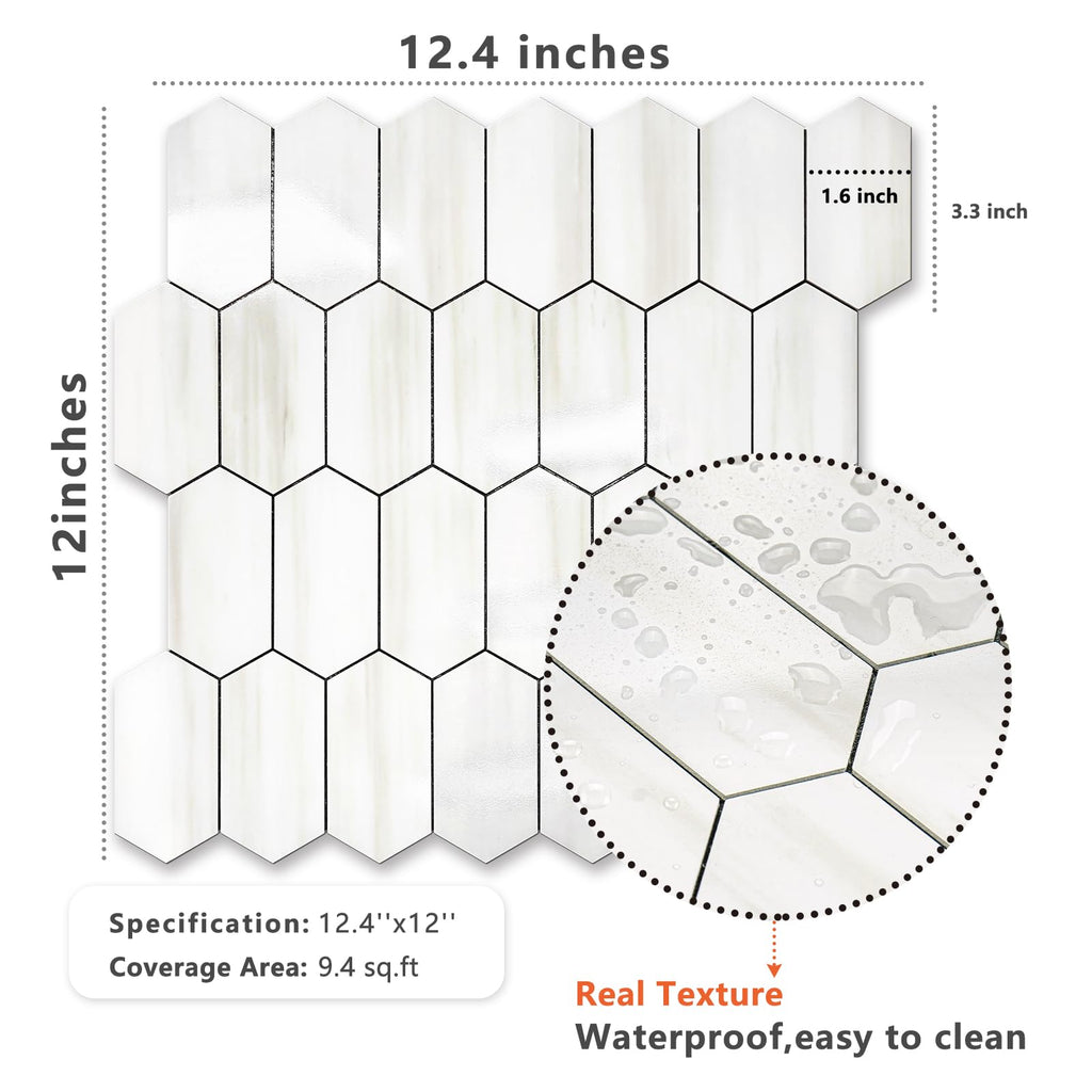 Long Hexagon Peel and Stick Backsplash Tile - 10 Sheets Stick on Backsplash 12.4 x 12 Inch Glossy Dolomite White PVC
