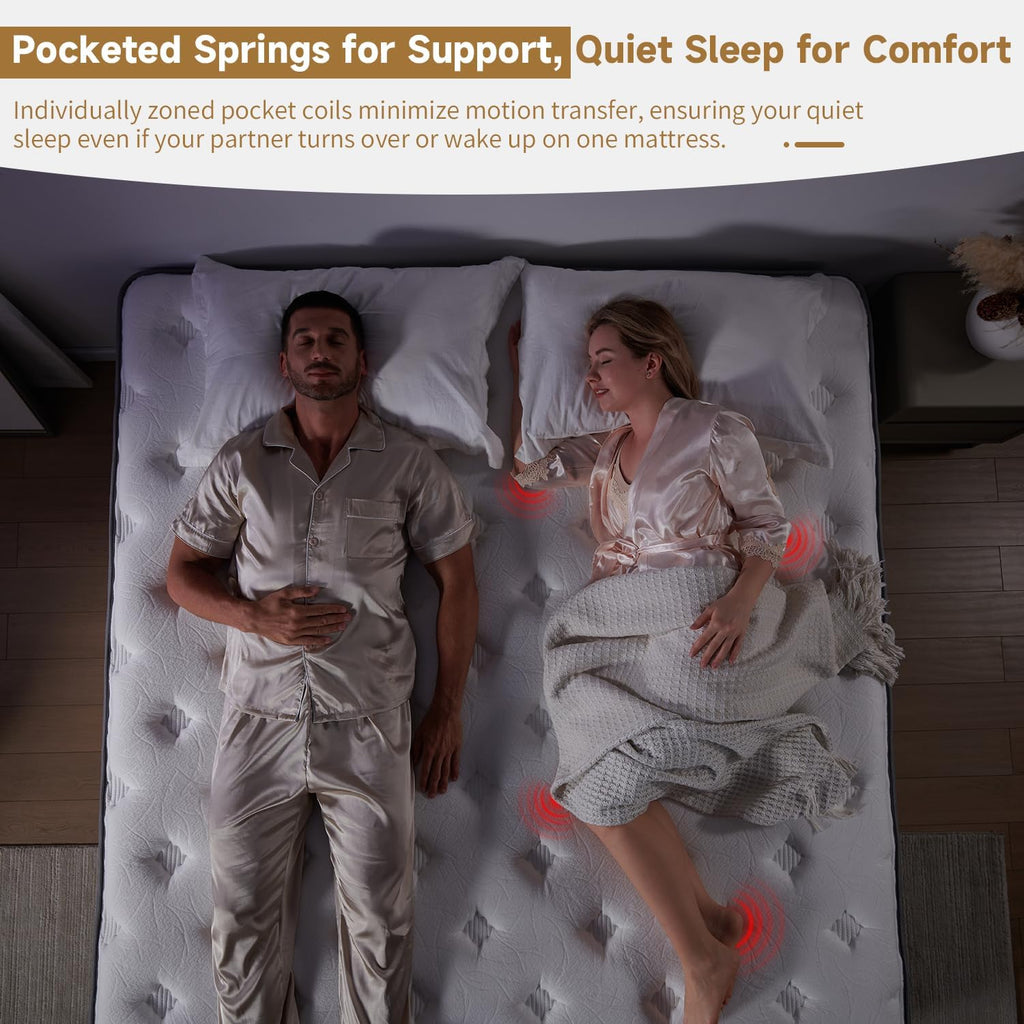 King Size Mattress 14 Inch, Hybrid Mattresses in a Box, Medium Firm Individual Pocket Springs Fiberglass Free