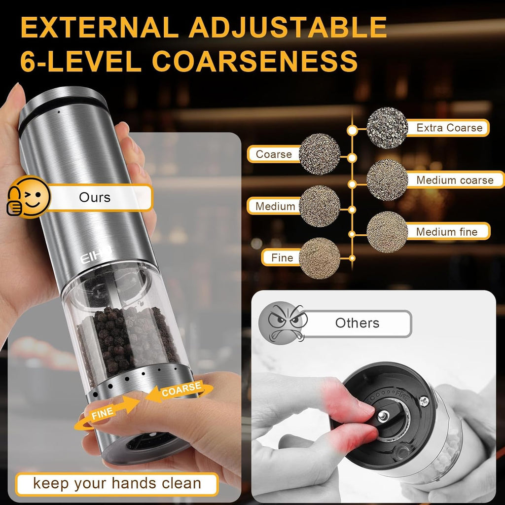 Electric Salt and Pepper Grinder Set USB Rechargeable, Upgraded External Adjustable Coarseness, Stainless Steel