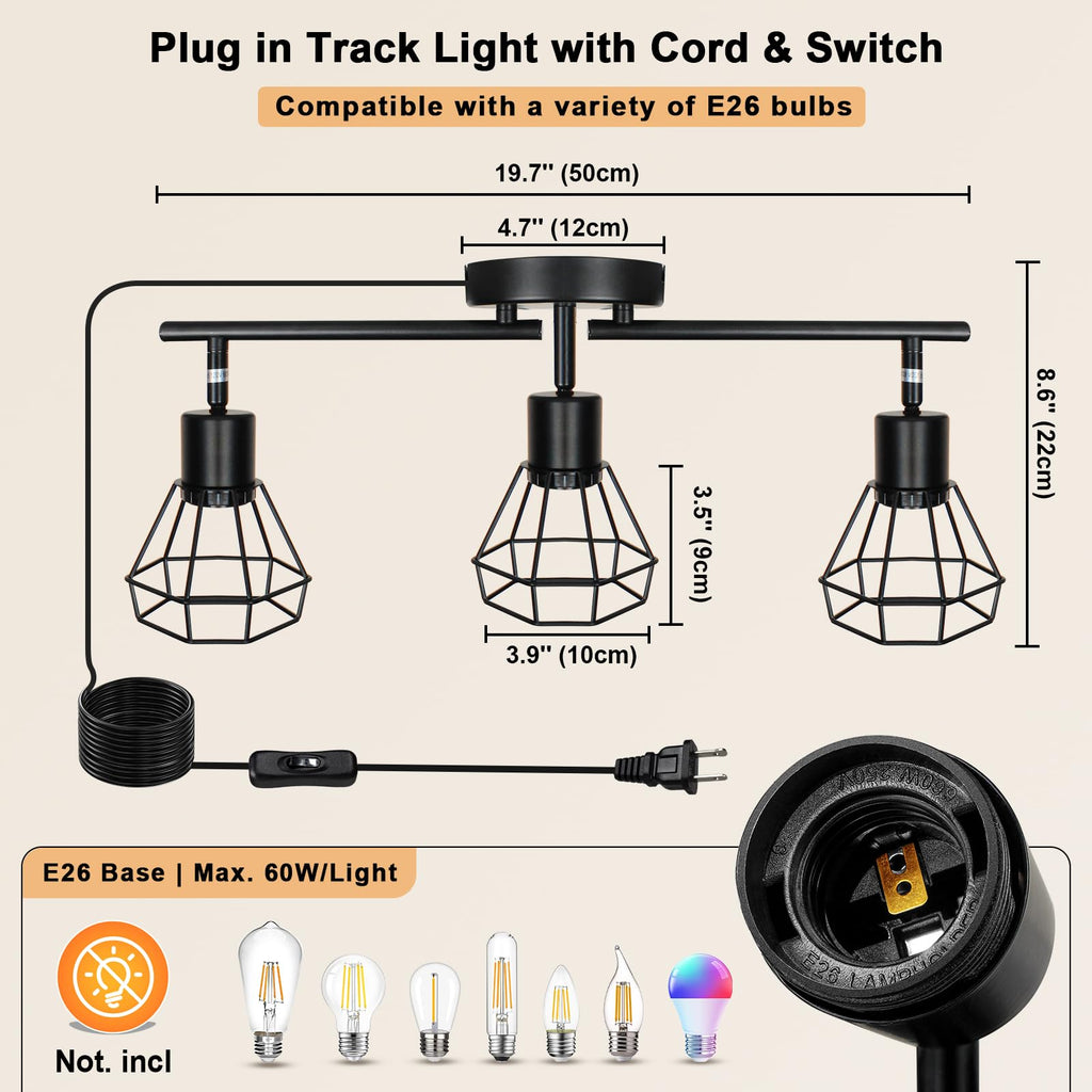 Track Lighting Plug in, 3-Light Directional Ceiling Fixture, Black
