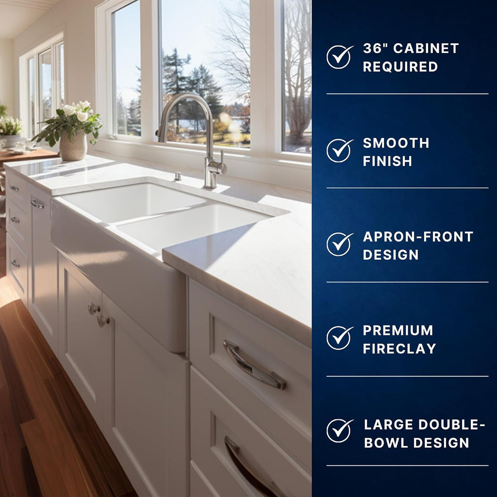 Turner 33 in White Fireclay Farmhouse Sink, Double Bowl | SureFire chip-resistant glaze, apron front undermount