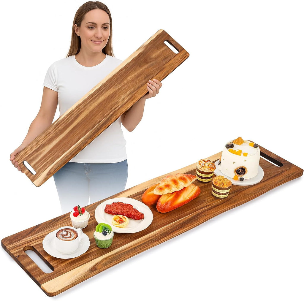 Large Charcuterie Board with Handles 48 x 12 Inch Rectangular Wood Serving Board Acacia Serving Tray Long Cheese