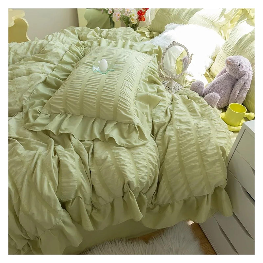 Ultra Soft Seersucker Fabric Ruffle White Bedding Set Double 4Pcs Quilt Duvet Cover Flat Bed Sheet 2