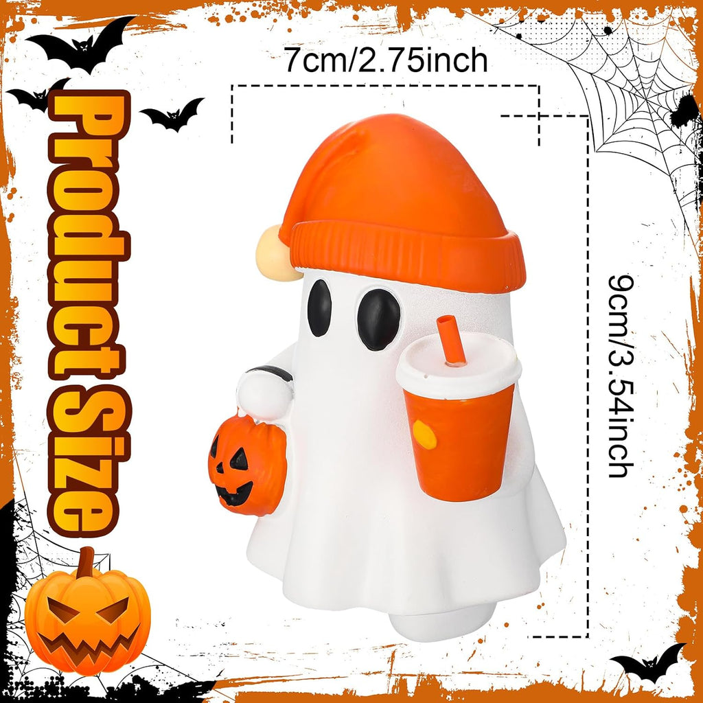 Cute Halloween Ghost Figurine with Pumpkin Bucket and Orange Drink