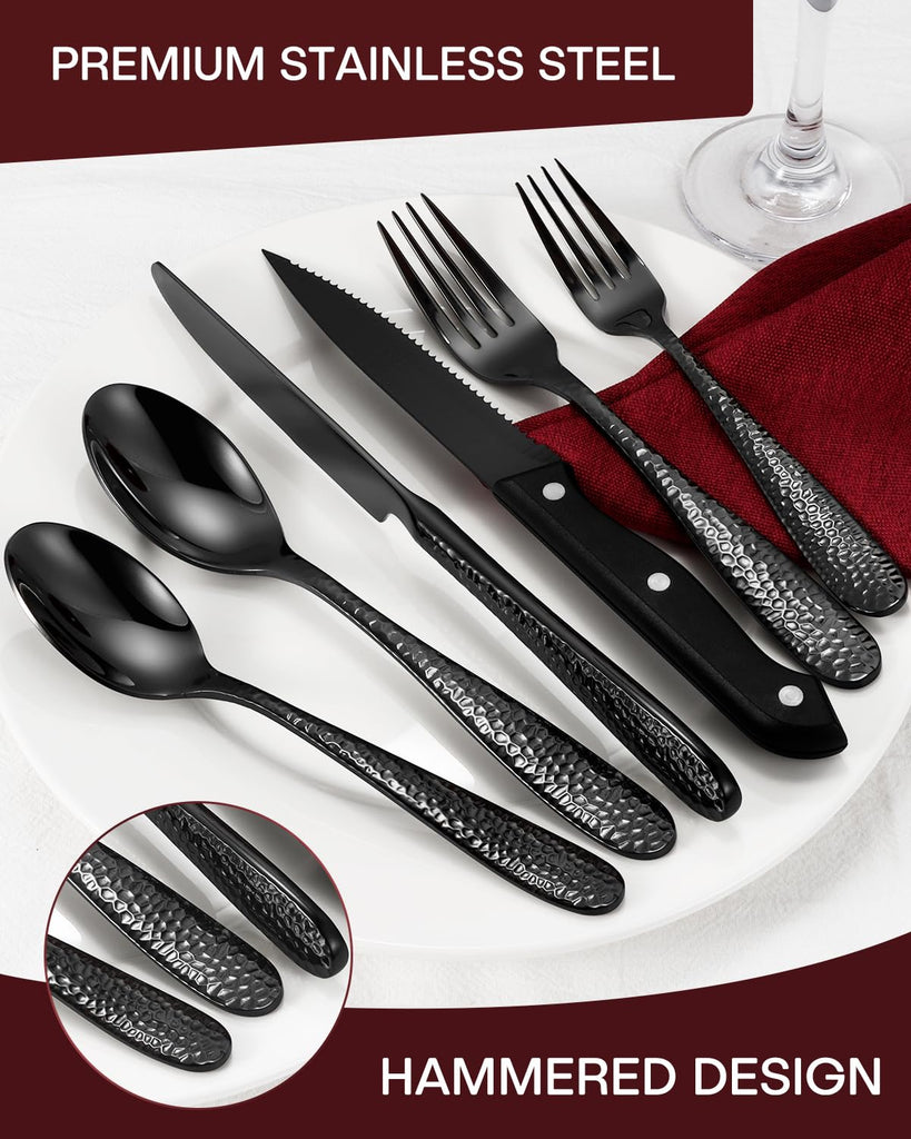 Hammered Black Silverware Set, 48 Pieces Flatware Set for 8, Heavy Duty Stainless Steel Cutlery, Food-Grade Utensil