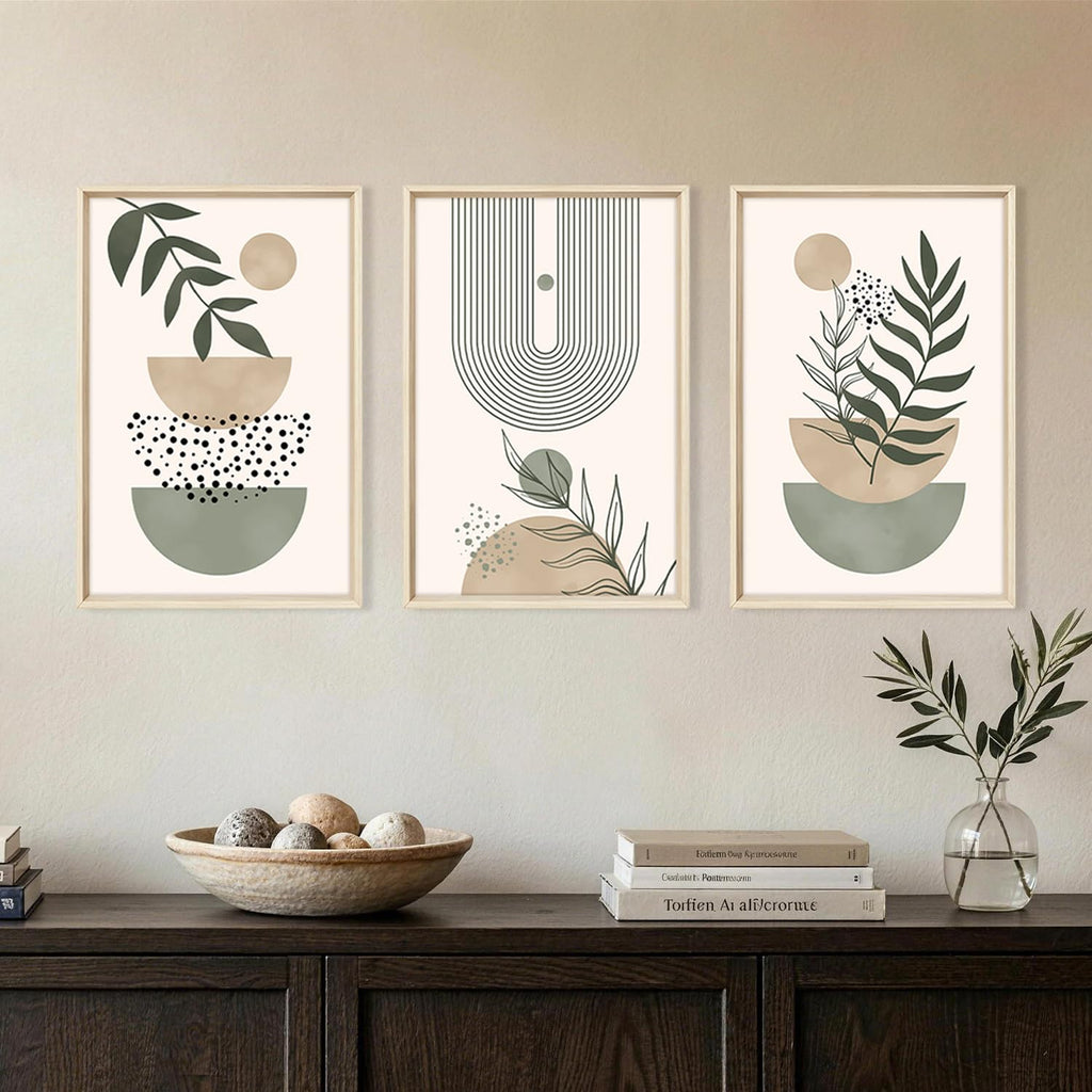 Large Boho Sage Green Framed Canvas Wall Art, Neutral Geometric Line Wall Decor, Minimalist Botanical Leaf Painting