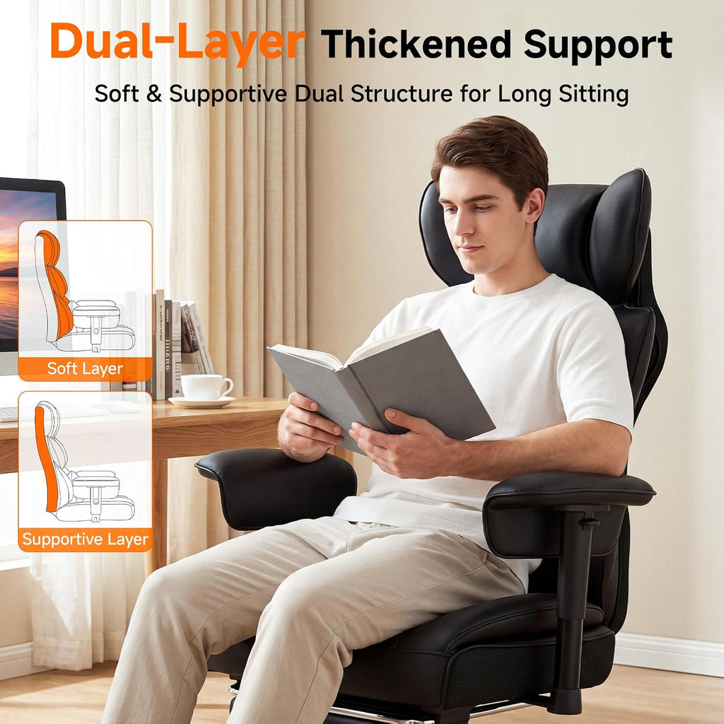 Leather Big and Tall Office Gaming Chair with Footrest Ergo Lumbar Support | 135°Reclining Adjustable Recline | Back