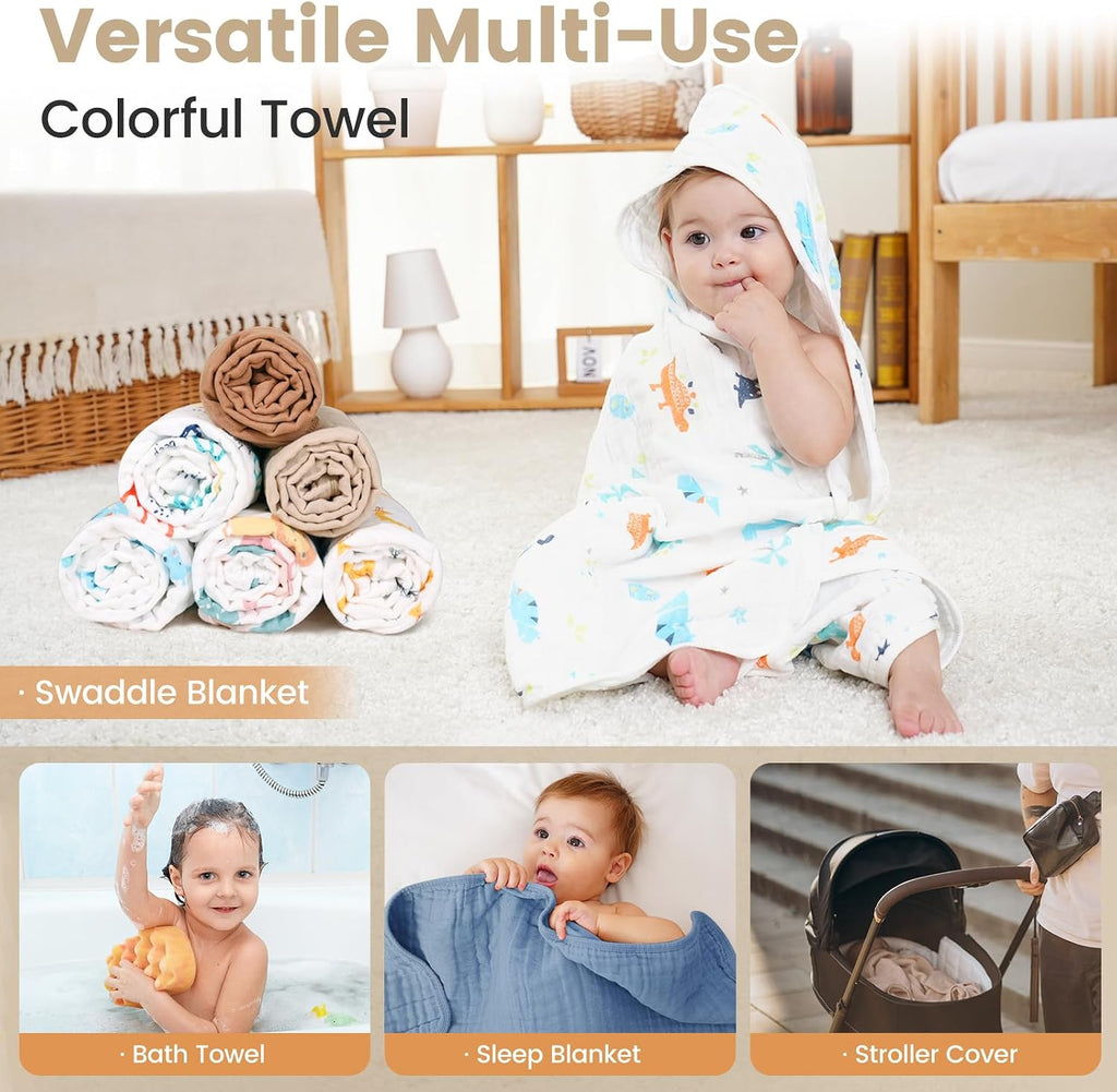 Muslin Bath Towel for Toddler 4 Pcs, 32x32 Inch 100% Muslin Cotton Baby Hooded Bath Towel and Washcloths for Babies