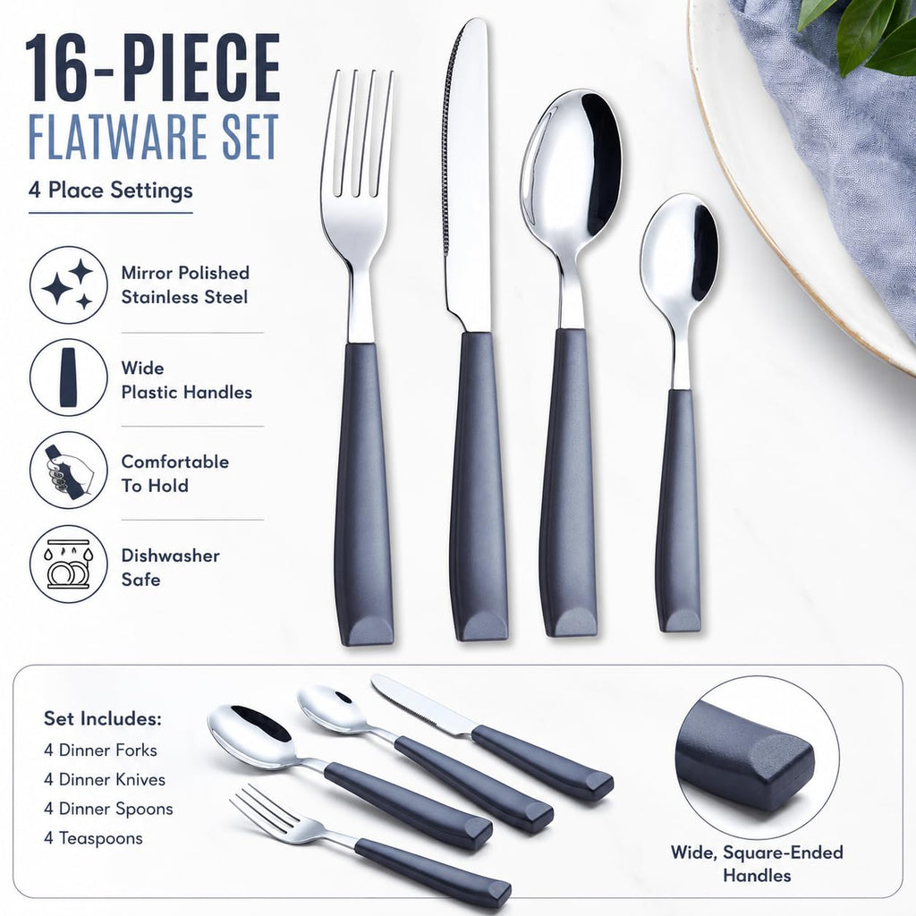 16 pcs Flatware Set Stainless Steel Wide Handles Serves 4 Gray
