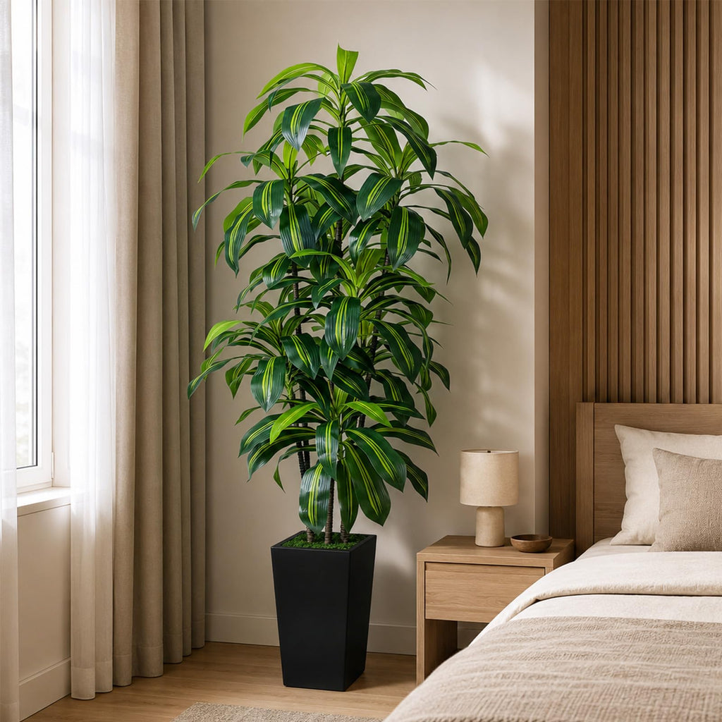 7FT Artificial Dracaena Tree, Fake Tree Indoor with Black Tall Planter, Tall Artificial Plants Indoor, Artificial Silk