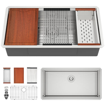 36x19 Inch Large Brushed Undermount Workstation Kitchen Sink 304 Stainless Steel 16 Gauge Handmade Under Counter