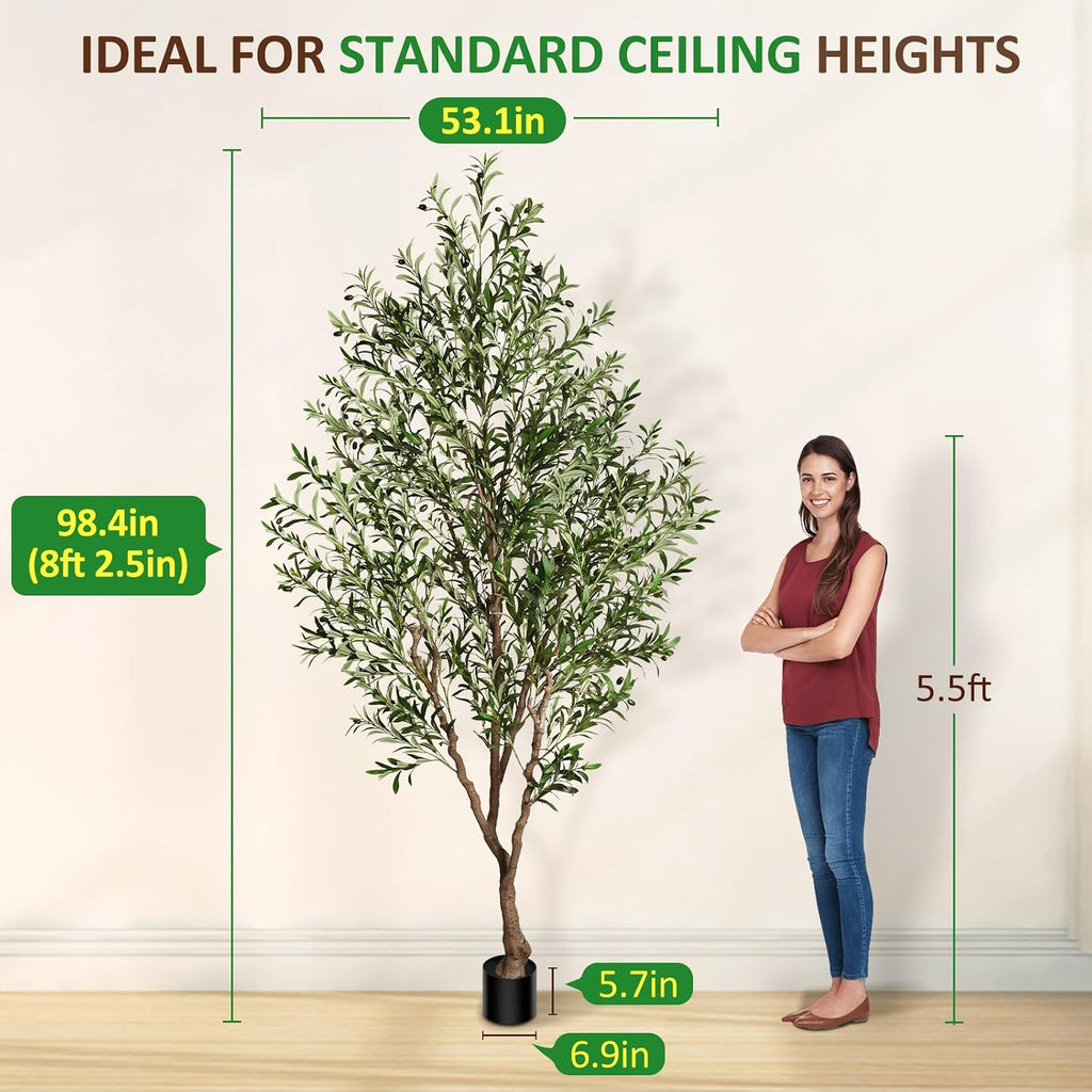 Olive Tree Artificial Indoor 8ft, Tall Faux Olive Tree with Large Olive Branches and Realistic Fruits, Fake Floor