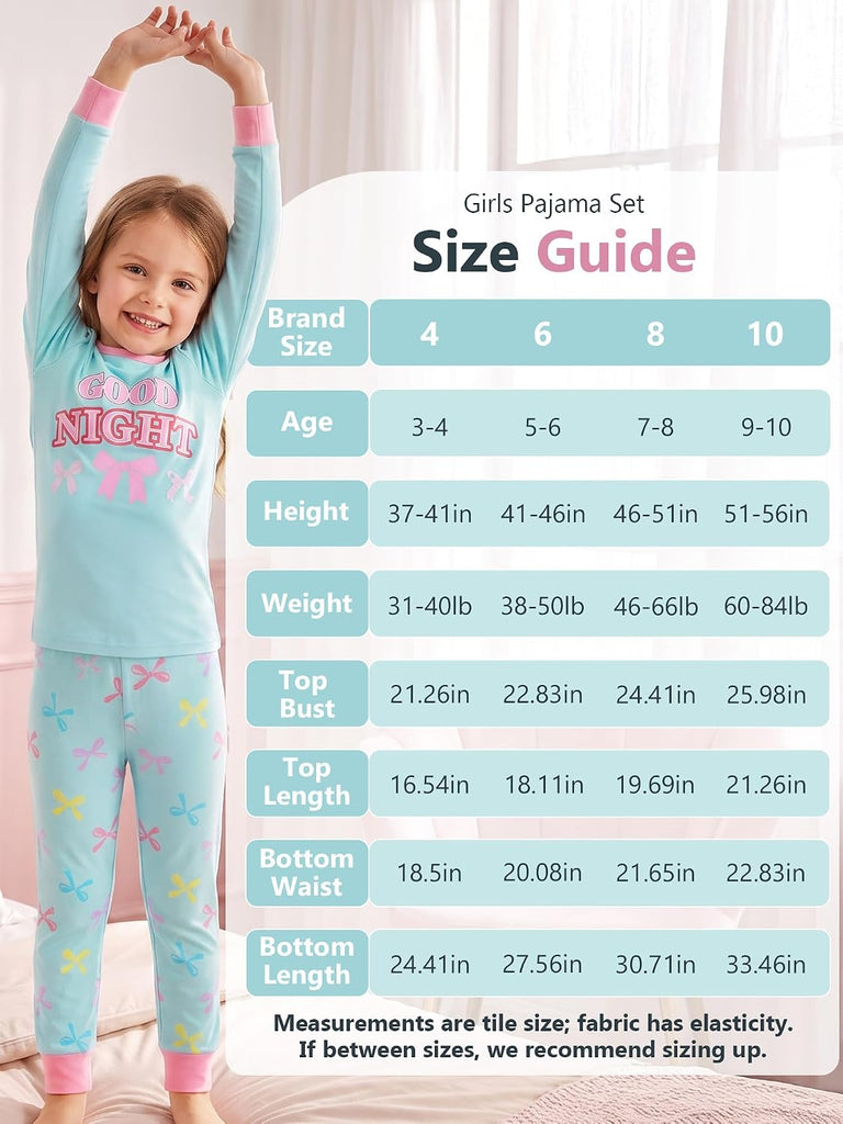 Girl Pajamas Viscose Long Sleeve Sleepwear Snug-Fit Kids Pjs Clothes