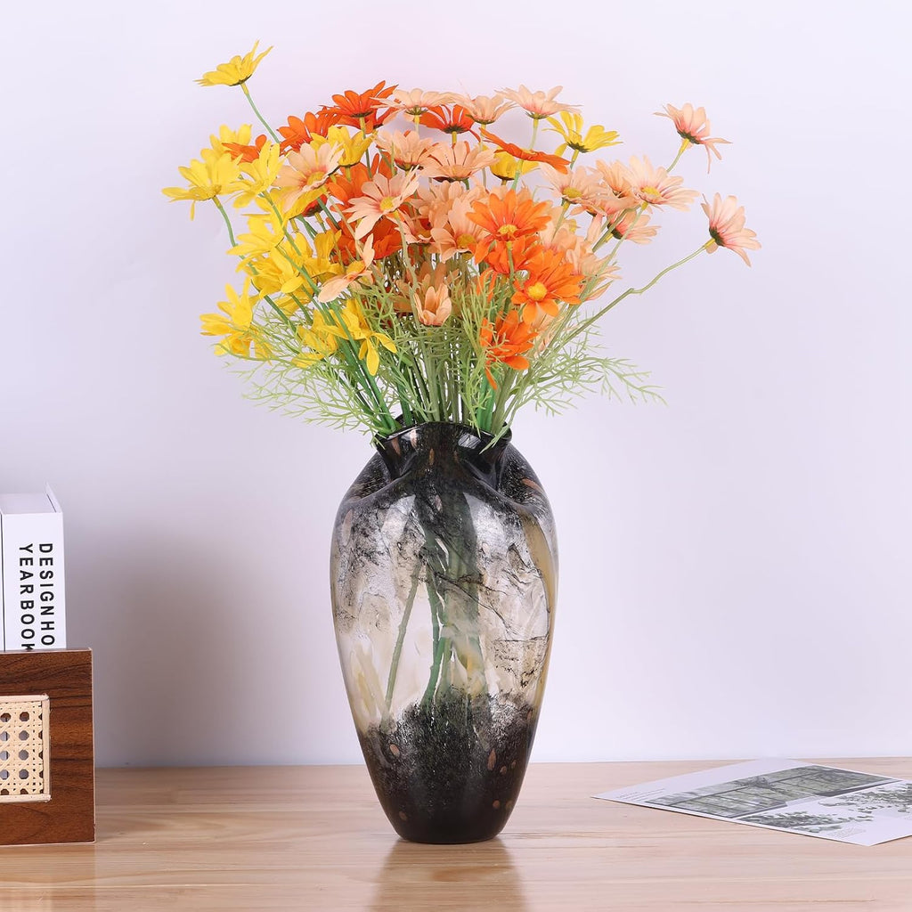 Murano Style Glass Vase, Hand Blown Decorative Art Vase with Ruffled Opening for Flowers, Shelf Tabletop Mantel