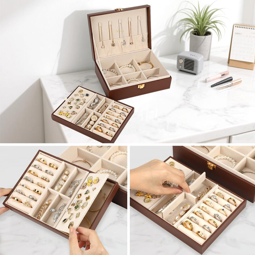 2 Layer Jewelry Box Organizer with Removable Tray, Vintage Gift, Coffee