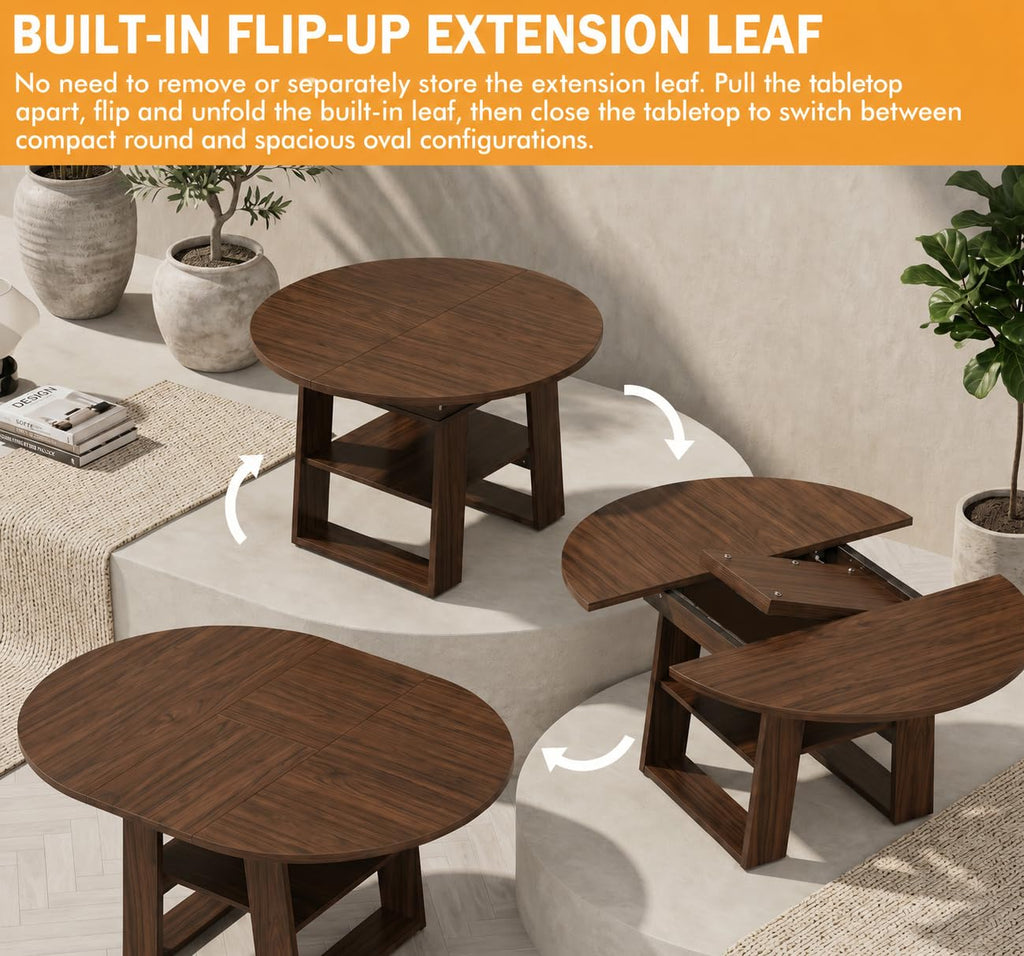 43.3"-59" Rustic Extendable Round Dining Table for 4-6, Walnut
