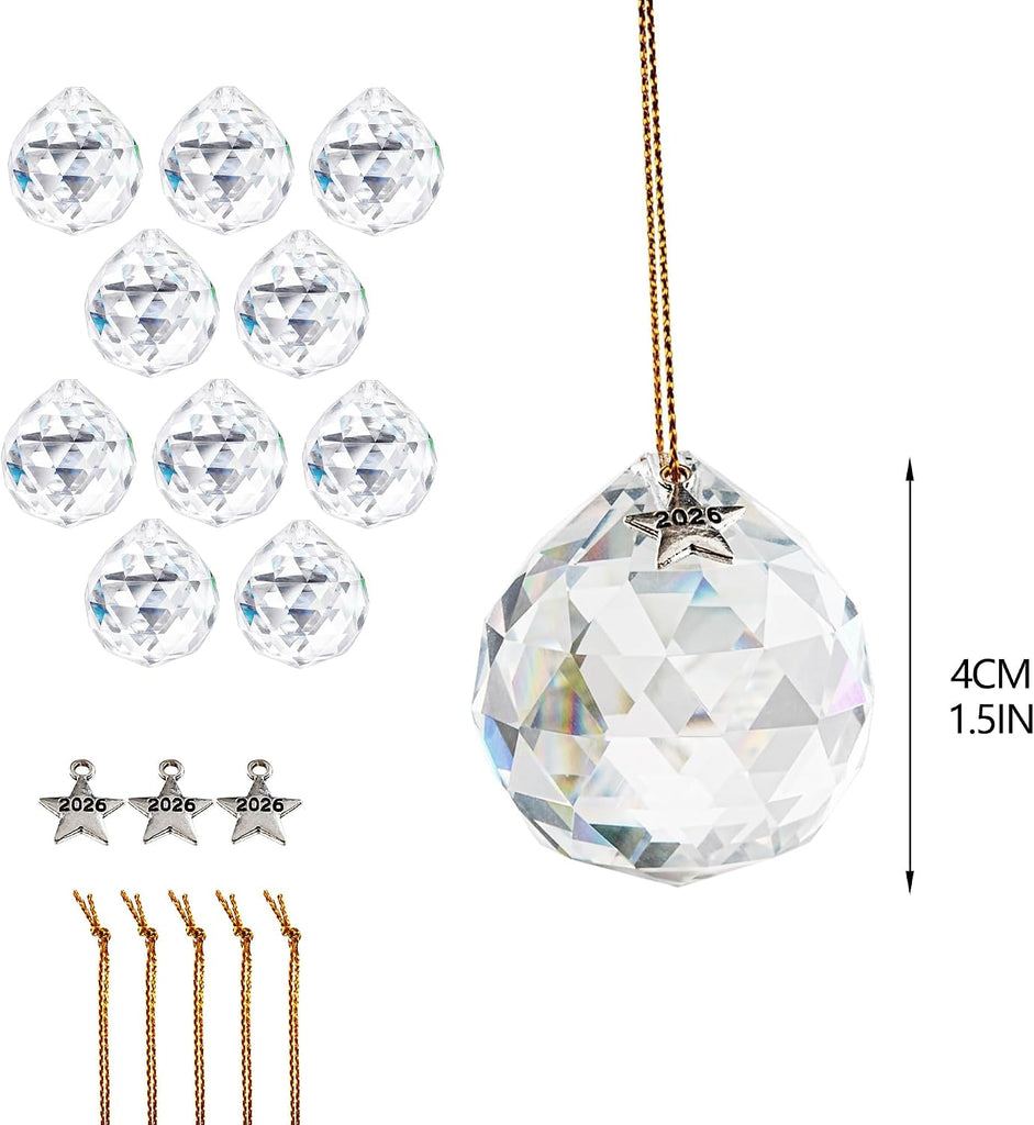10Pcs 40mm Crystal Ball Prisms Clear Hanging Crystals - with 2026 Star Charms, Chandelier Crystals Replacement