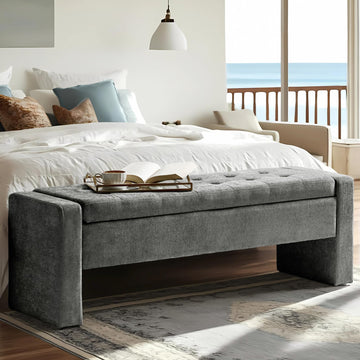 55" Modern Upholstered Storage Bench with Tufted Seat, Fabric Ottoman Bench, or Living Room, Soft Close