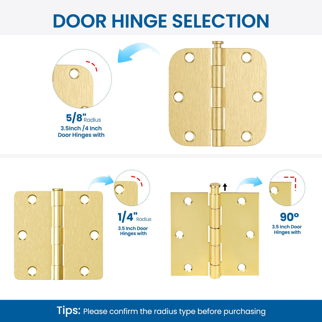 12 Pack Brushed Brass Door Hinges 3.5 Inch Gold Door Hinge with 5/8" Radius Corners Interior Door Hinges 3 1/2" Satin