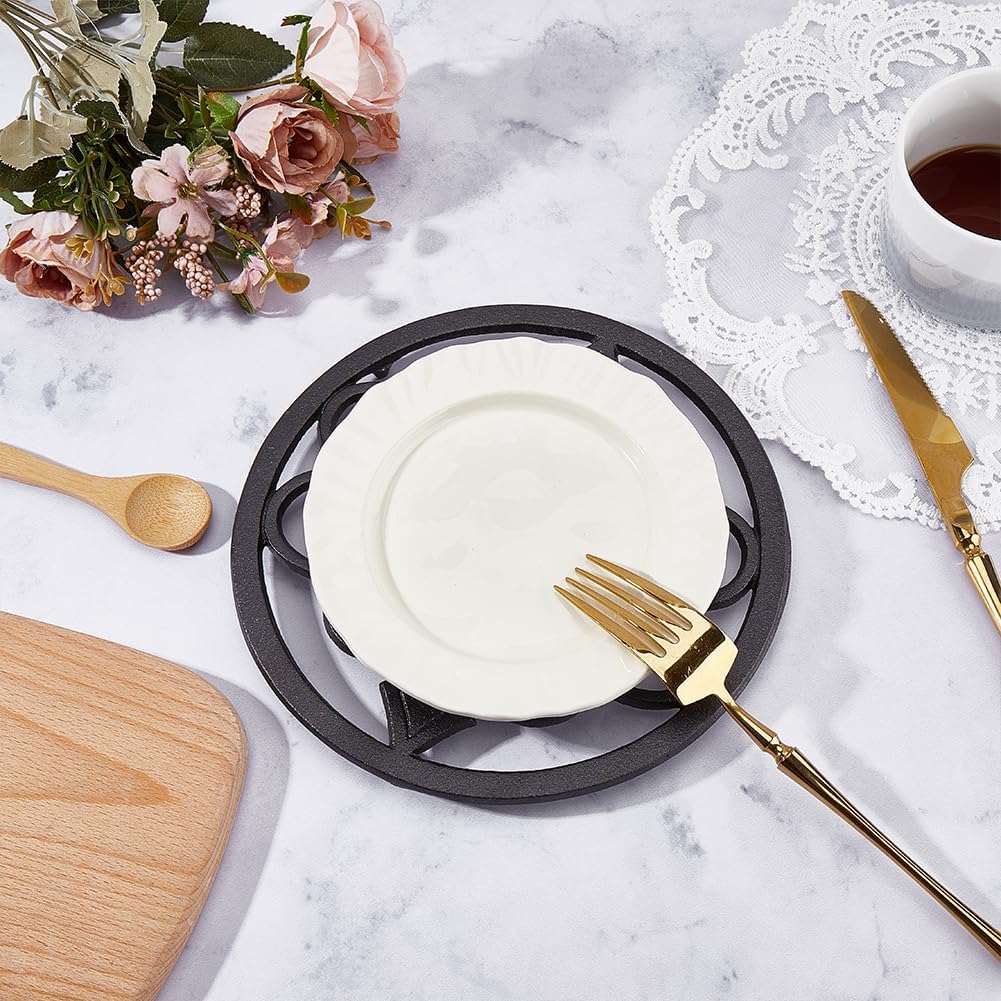 Decorative Cast Iron Trivet 8 Inch Heavy Duty Round Metal Hot Pot Holder for Dining Table and Kitchen Countertop