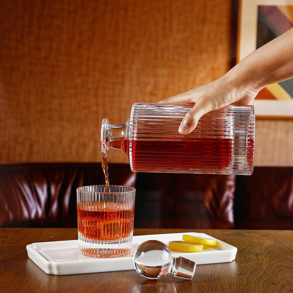 Whiskey Decanter Set with 4 Old Fashioned Whiskey Glasses, 27oz Liquor Decanter & 10oz Bourbon Glasses, Vintage - Set of 5