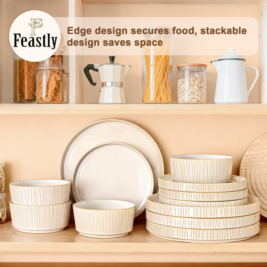 Reactive Glaze Ceramic Plates and Bowls Sets for 4, Stoneware Dinnerware Sets, Housewarming Gifts, Chip Resistant