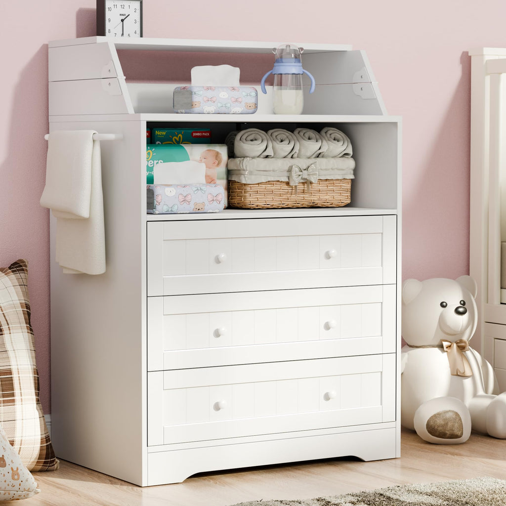 Baby Changing Table with Foldable Tabletop, White Baby Dresser with 3 Drawer