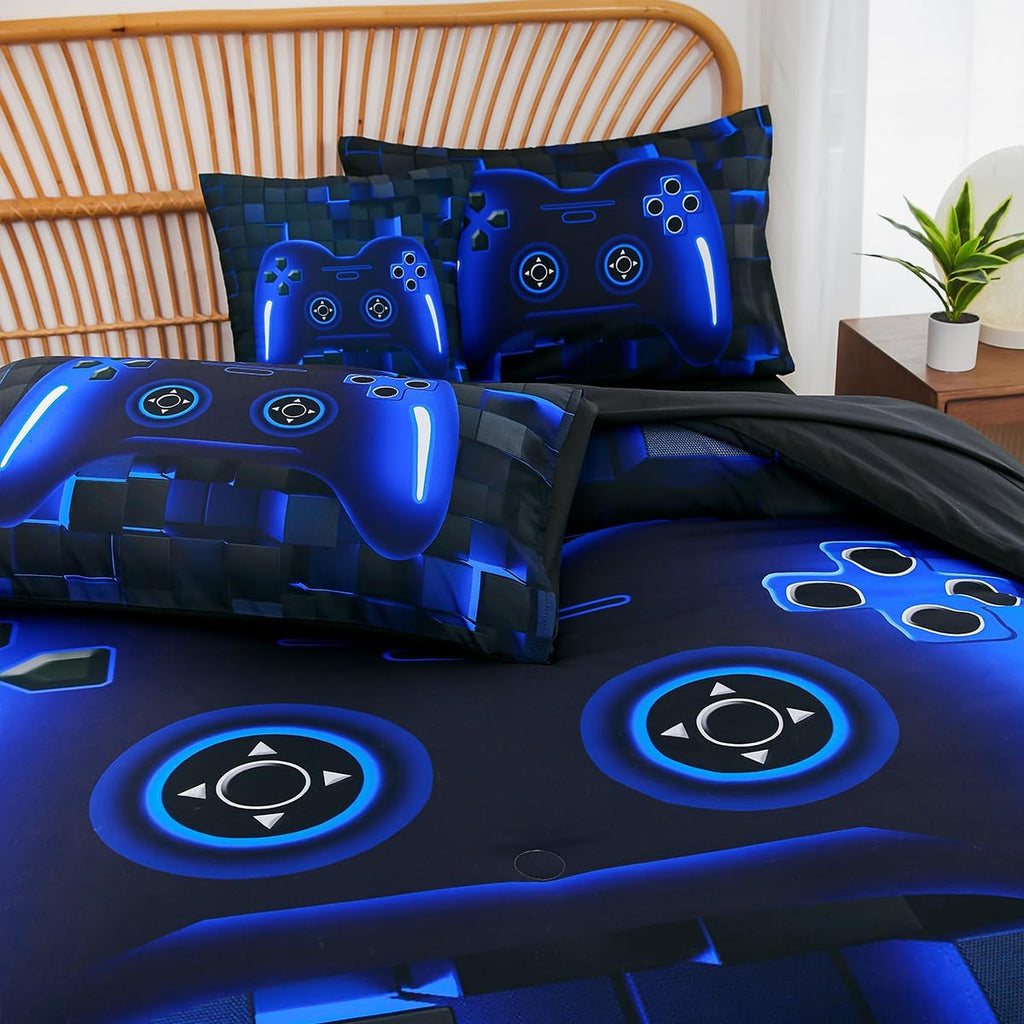 Twin Bed in A Bag 6 Pieces Gaming Bedding Set for Boys Blue Gamer Comforter with Sheet Set for Kids Teen Cool Video