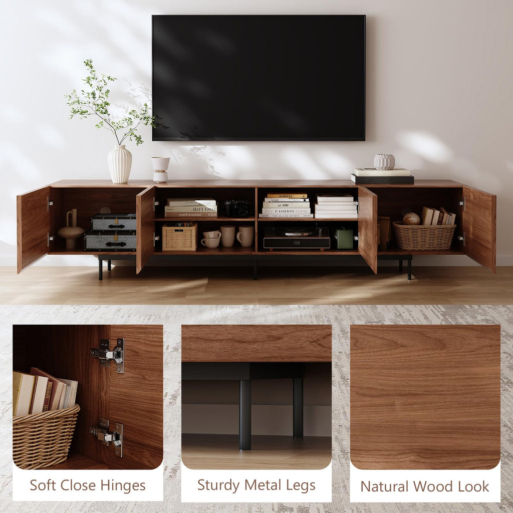 Modern Walnut TV Stand - Long Media Console with 4 Doors, Large Concealed Storage, Cable Management & Metal Legs