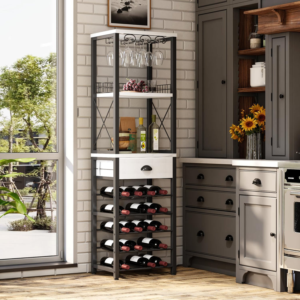 Wine Rack Freestanding Floor, Bar Cabinet for Liquor and Glasses | 4-Tier bar Cabinet with Tabletop, Glass Holder