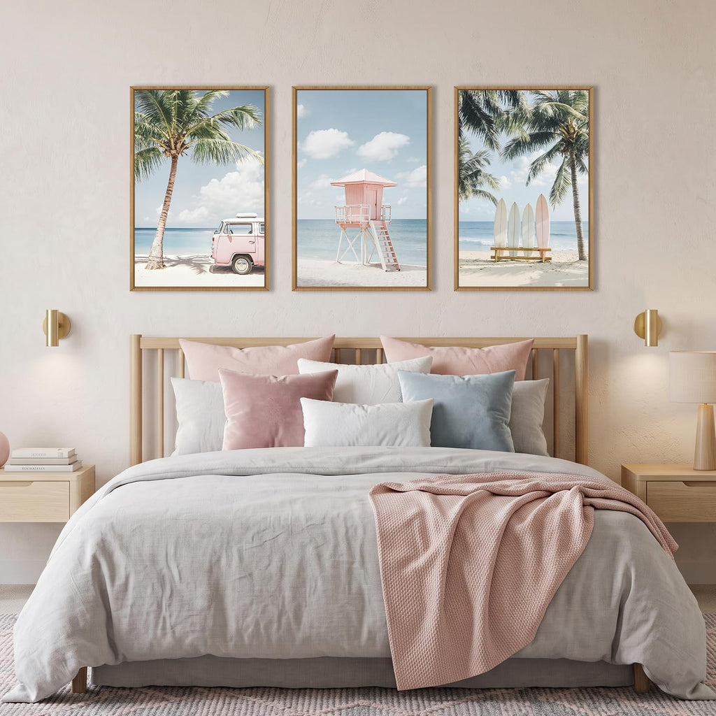 Large Beach Seascape Ocean Framed Canvas Wall Art Set, Modern Coastal Surfboard Palm Tree Wall Decor, Summer Pink Van