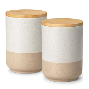 Sabine Large Ceramic Canister Set with Airtight Wood Lids - 2-Piece Kitchen Food Storage Jars for Flour, Sugar