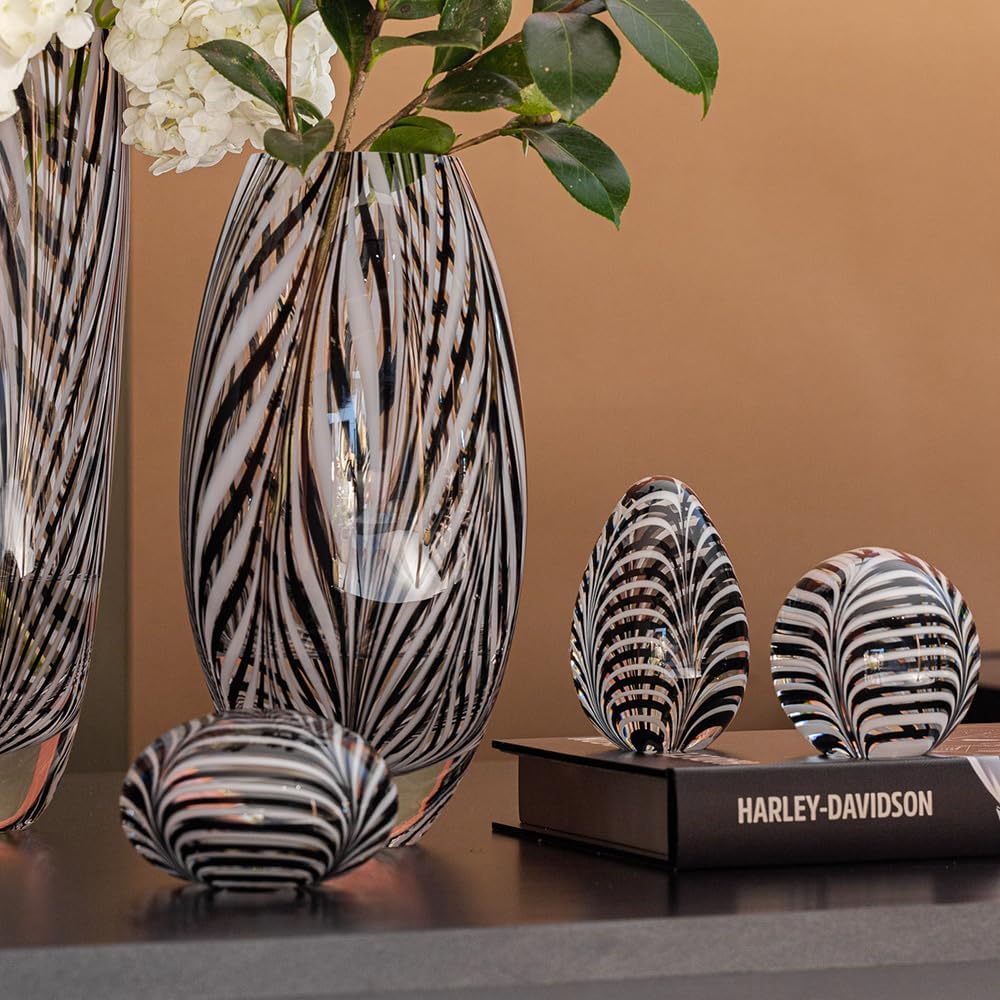 Murano Style Glass Vase Hand Blown Black and White Feather Pattern Effect | Hand Blown Glass Vase, Decorative Table