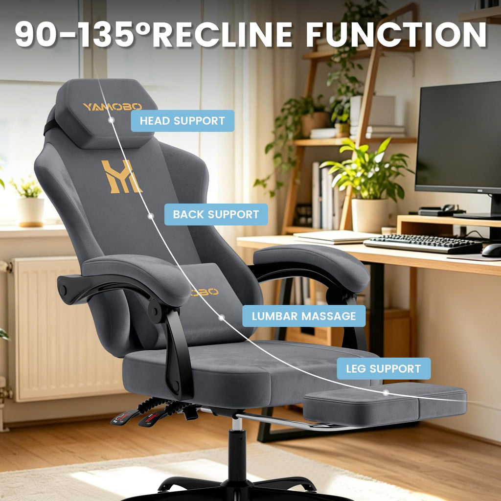 Gaming Chair with Footrest, Game Chair with Lumbar and Headrest Massage Support for Adults, Ergonomic Fabric High