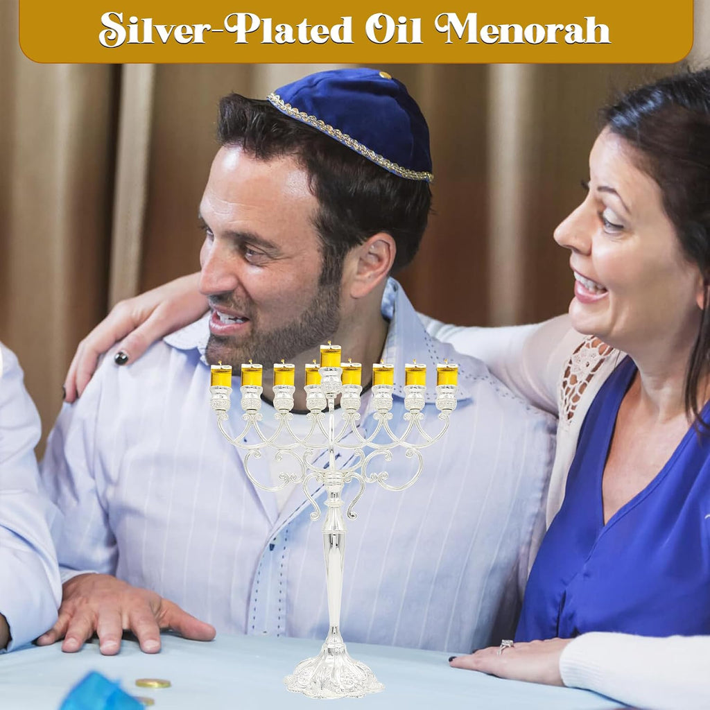 Silver-Plated Chanukah Oil - Classic Design (MN-HA140) | Fits Standard Chanukah Oil Cups and Large Candles | Durable