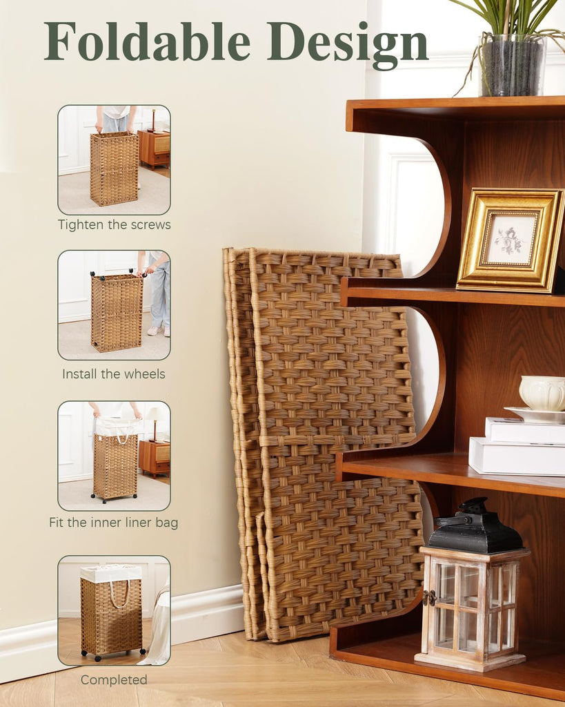 Slim Laundry Hamper with Wheels, 48L Narrow Laundry Hamper Natural