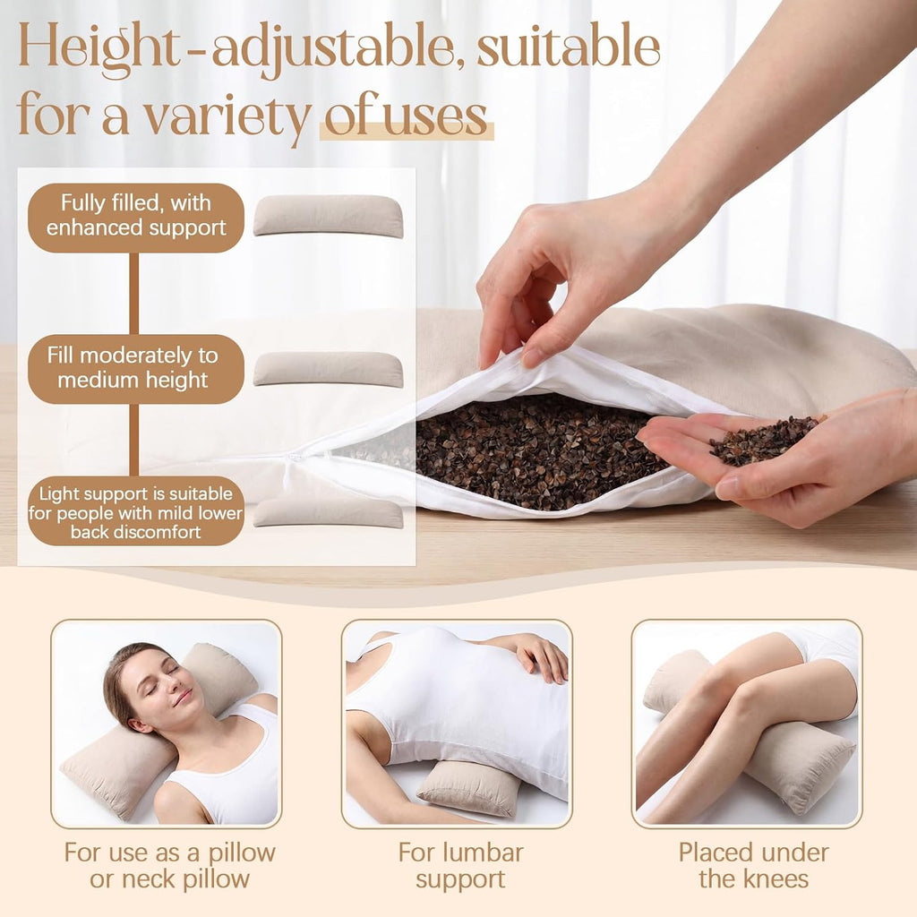 Buckwheat Lumbar Support Pillow for Bed Sleeping, Ergonomic Curved Neck Waist Pillow for Lower Back Pain Relief