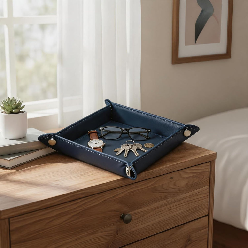 Valet Tray Desktop Storage Organizer - Vegan Leather Catchall Tray Bedside Vanity Tray Nightstand Caddy Holder