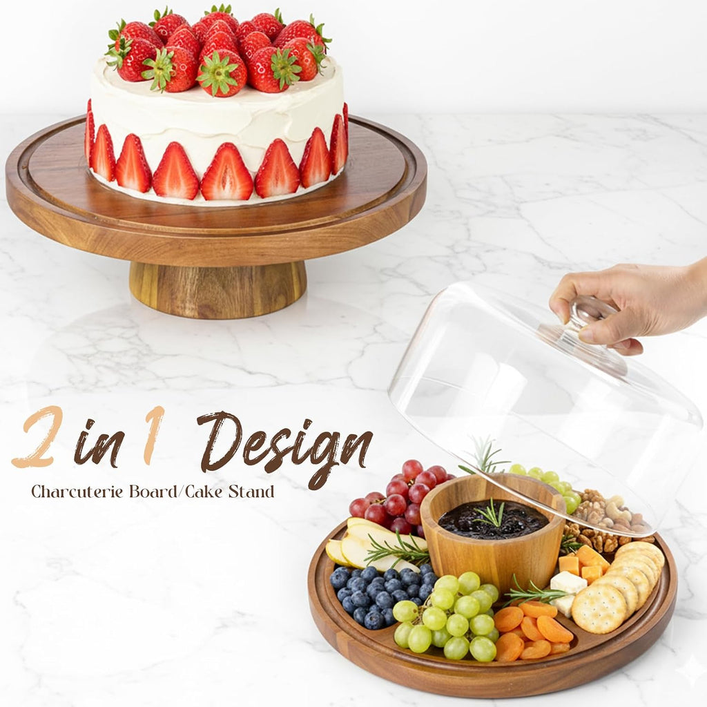 12-Inch Acacia Wood Cake Stand with Glass Lid