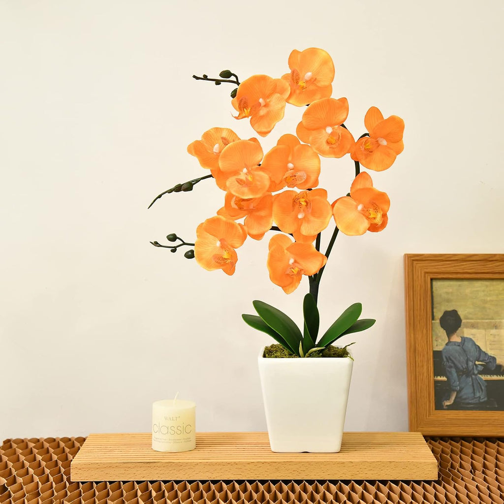 15" Silk Phalaenopsis Orchid in Square Pot, Orange Flower Plant Arrangement