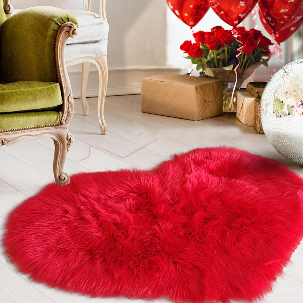 Valentines Heart Rug, Red Heart Shaped Rug, Fluffy Faux Fur Rugs, Shag Mats Living Room, Love Coquette Room Decor 2x3