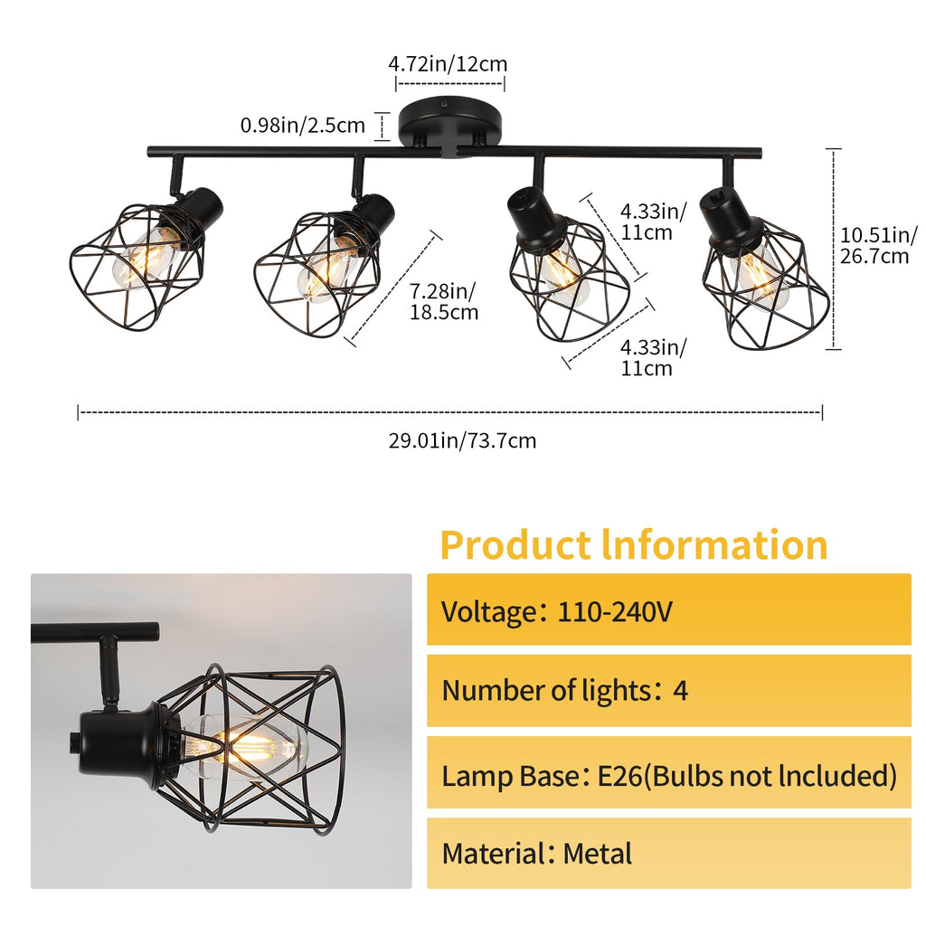 Track Lighting Fixtures Ceiling 4-Light Flush Mount Ceiling Spot Lights, Industrial Track Light Black Kitchen Light