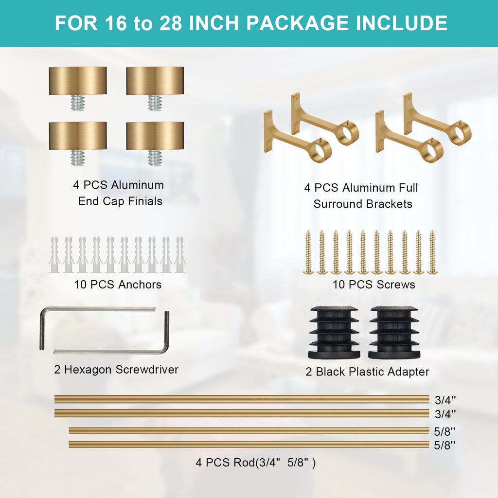 2-Pack Curtain Rod for Windows 16-28", Adjustable Window Curtain Rods with Premium Aluminum End Cap Finials and Full