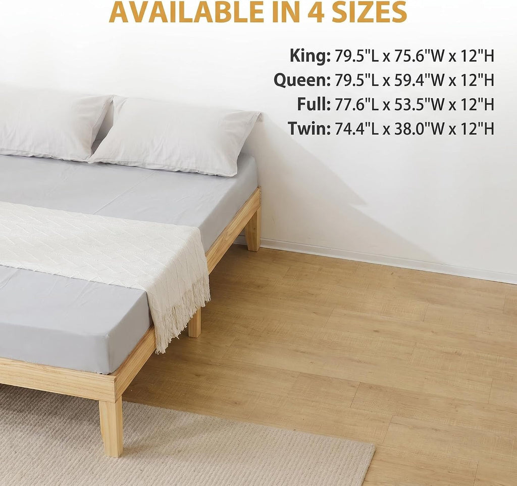 King Size Japanese Natural Pine Wood Bed Frame, Mid-Century 12 inch H Low Platform Beds, 8.5 inch Under Bed Storage