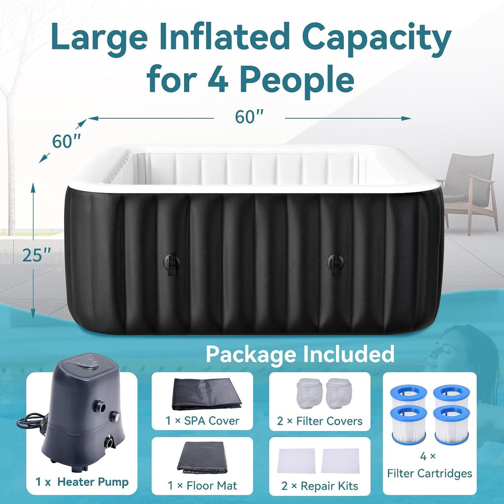 Inflatable Hot Tub, Large Square Portable Blow Up Hot Tub, 2-4 Person Leak-Proof PVC Outdoor Spa with 120 Air Jets