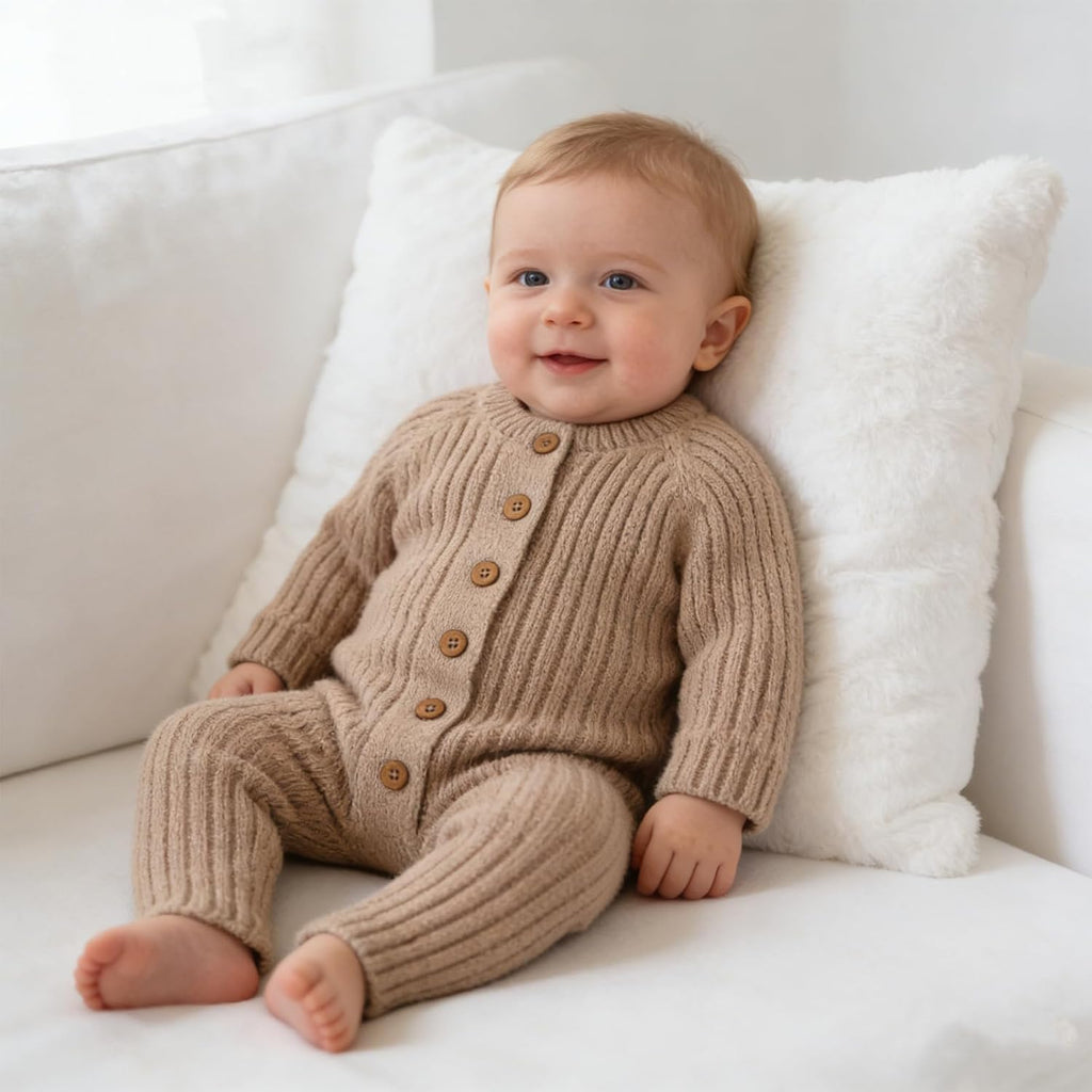 To 100% Cotton Knitted Baby Romper Sweater, Soft Long Sleeve One-Piece Outfit for Infant